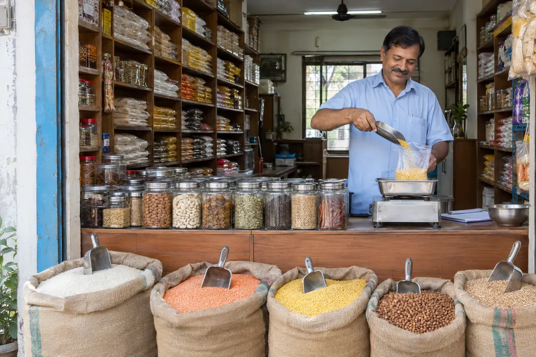 Annapurna Kirana Store shopfront with sacks of rice and dal